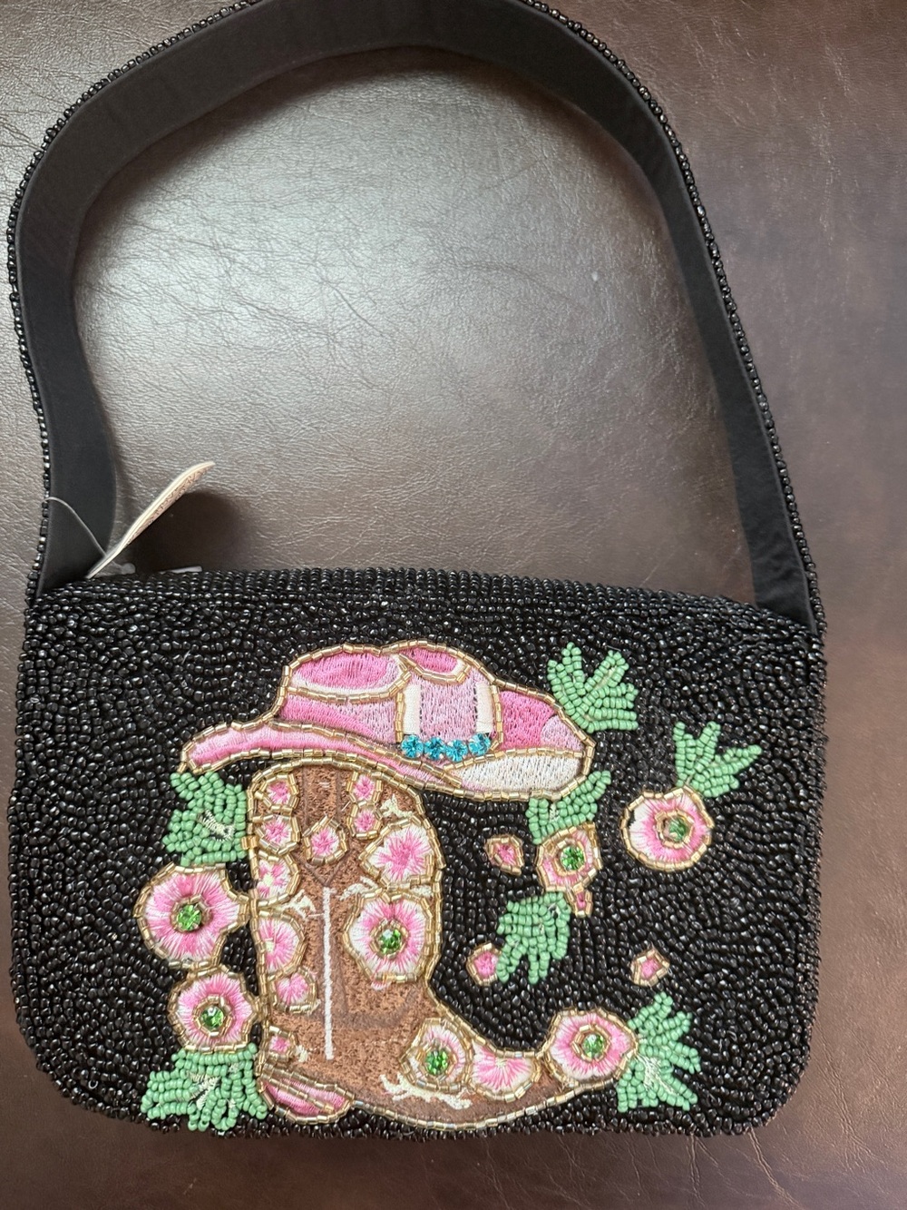 Beaded Black Shoulder Bag with Pink & Green Floral Western Motif